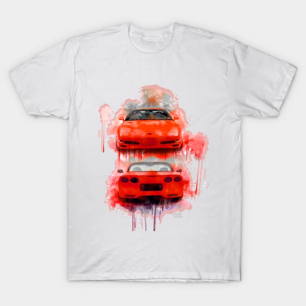 Red Corvette aqua splash T-Shirt by AaaahEeeekStudio